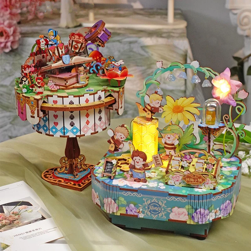 Diy 3d de madeira princesa no país das maravilhas abelhas festa caixa música kits modelo em miniatura quebra-cabeças pode mover para crianças presentes aniversário