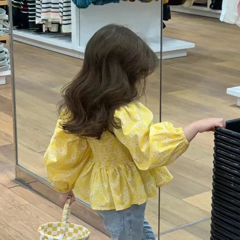 4772C ملابس الفتيات 2023 الكورية الربيع فتاة جديدة الأزهار قميص طويل الأكمام أو تسعة البوق الجينز الحلو فتاة الملابس