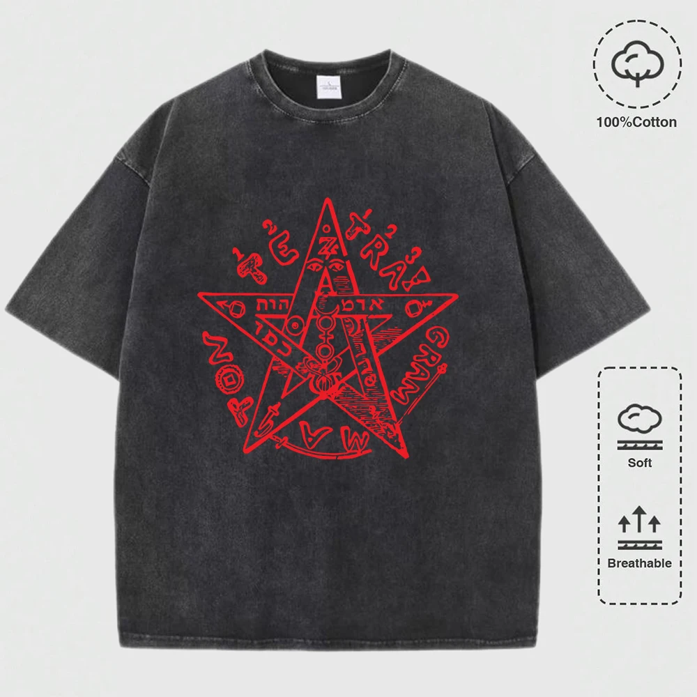 

Personality Rune Pentagram Pattern Washed T-Shirt Men Cotton Summer T Shirts Crewneck Clothes Casual Comfortable Loose Man Top