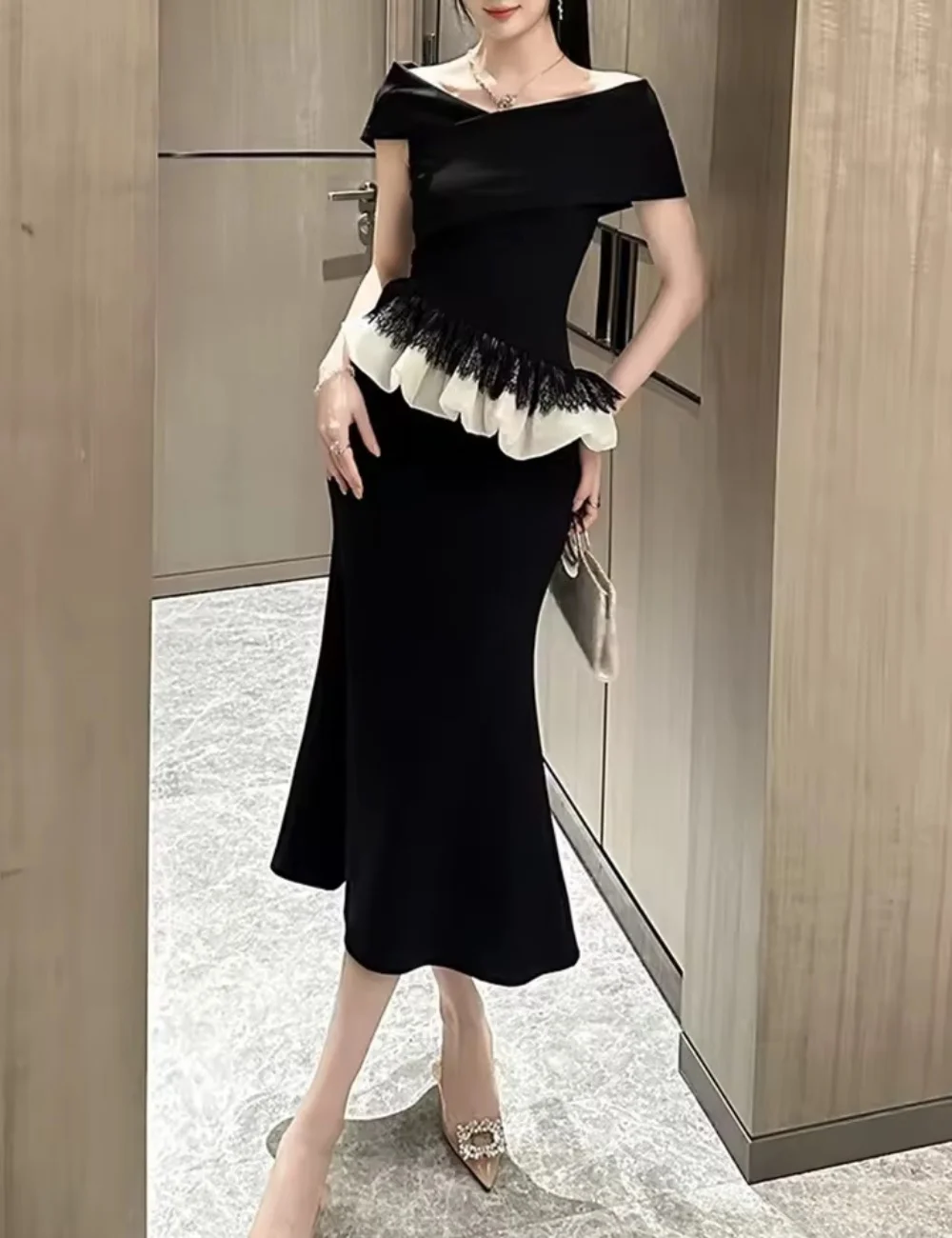 

Customized Black Exquisite Casual Jersey Pleat Lace Ruched Mermaid Off-the-shoulder Tea Length Evening Dresses High Quality