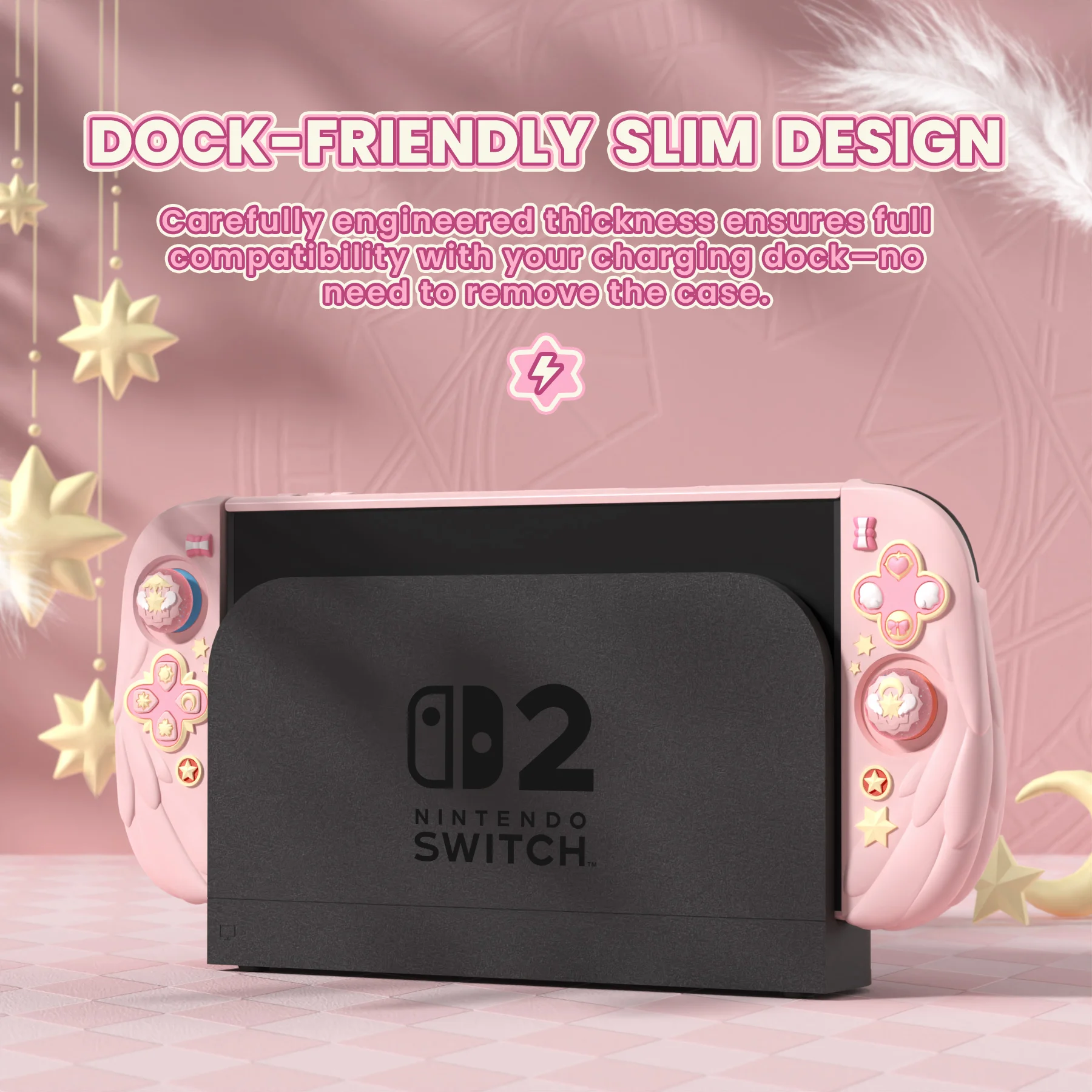 PlayVital Magic Wings Funda de silicona acoplable para Nintendo Switch 2 – Funda protectora de anime con soporte ajustable y tapas para pulgar