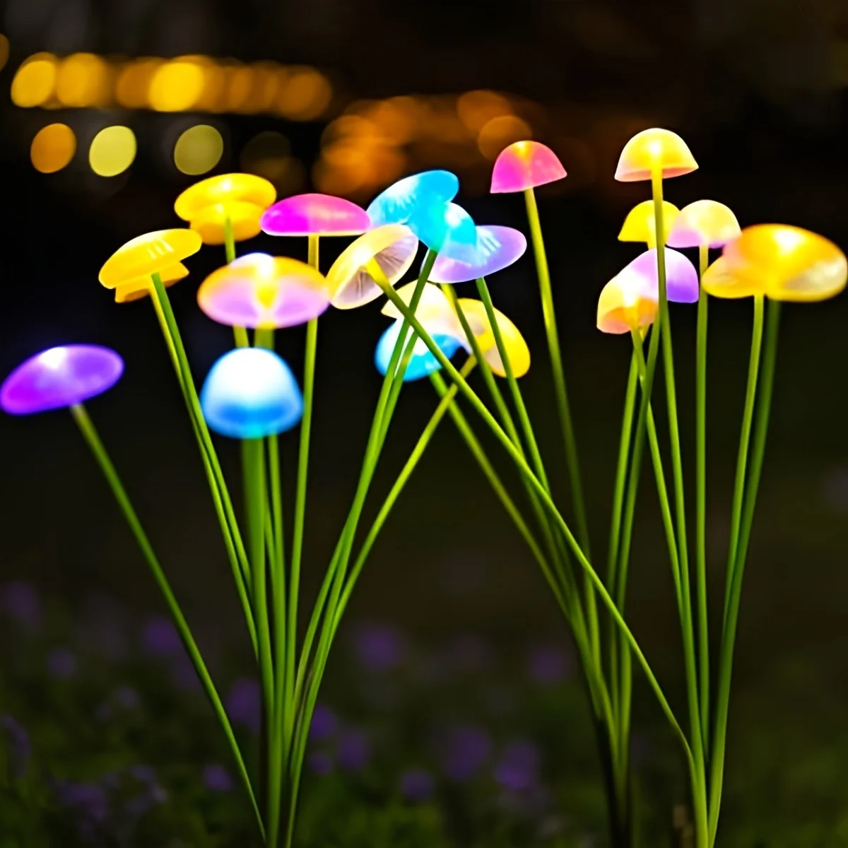 Magical Fiber Optic Jellyfish Solar Yard Lights, Bendable Stem Multicolour Glowing Stakes Courtyard Garden Night Scene Decor