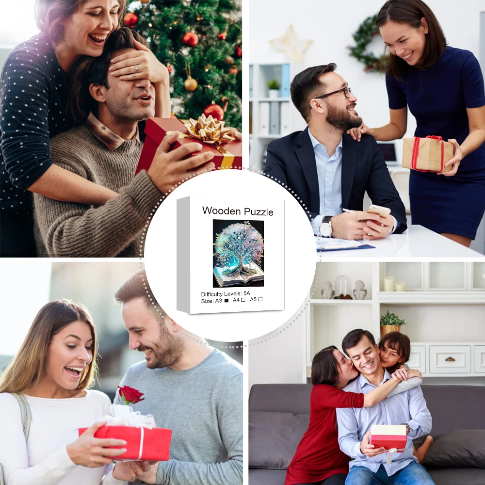 Book tree Wooden Puzzle Toys, Unique Shaped Animals Wooden Jigsaw Puzzle, Family Game, Christmas Birthday Gift Home Decor