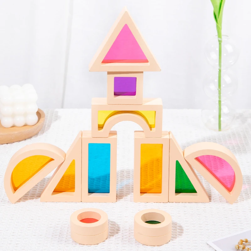 25Pcs Stacking Building Blocks Montessori Toys Construction Toys Colorful Geometry Sensory Toy Wood Rainbow Blocks for Preschool