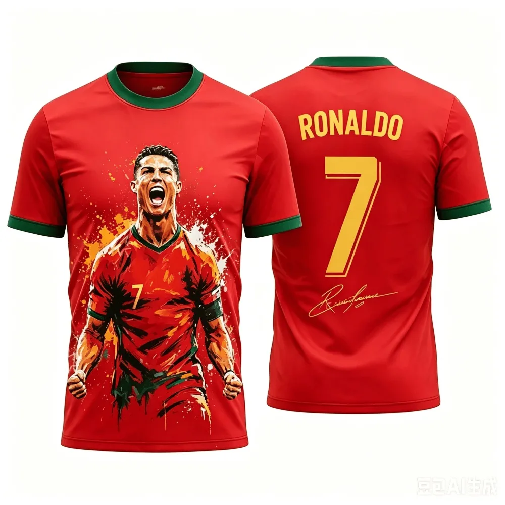 2026 Neues Cristiano Ronaldo Sommer 3D Modisches Atmungsaktives Fußballtrikot Kinder-T-Shirt, Geeignet für den täglichen Outdoor-Bereich
