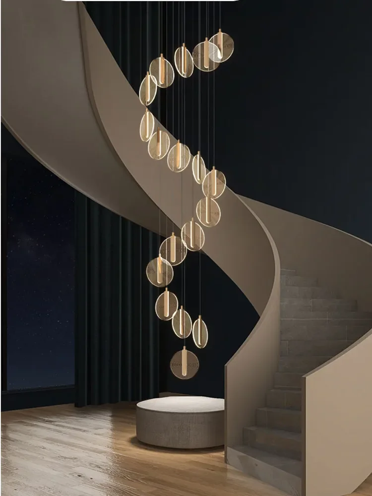 Stair LED Chandelier Modern Villa Hotel Lobby Hanging Lamp Creative Duplex Loft Rotating Long Chandelier Home Decoration Lamp