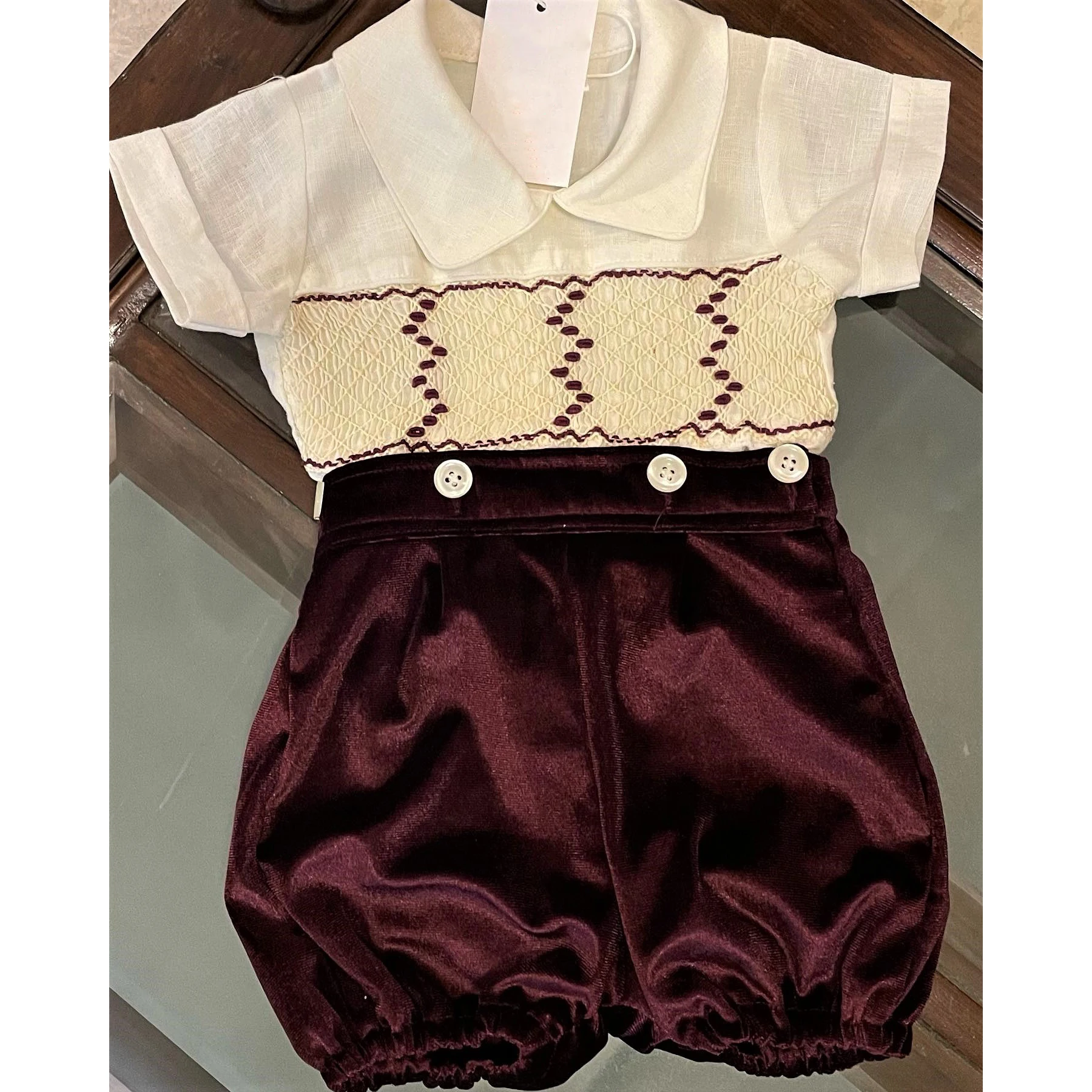 0-6Y Baby Boy Vintage Handmade Embroidery Dots Reddish Brown Smocked Suit Outfit For Birthday Party Photography A504