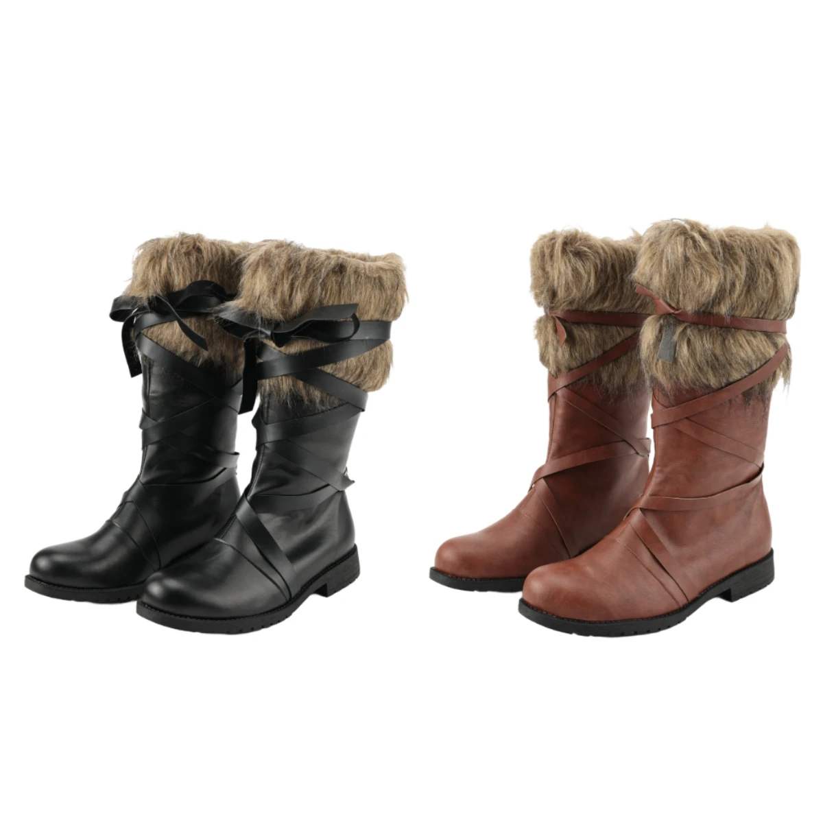 AwwwCos Men Viking Pirate Faux Fur Mid Calf Boots Renaissance Medieval Wrap Strap Boots for Halloween Larp Cosplay Costume Shoes