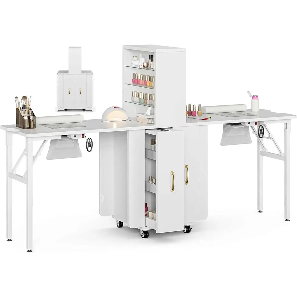 Tavolo manicure pieghevole bifacciale con raccoglitori di polveri, ripiani, cassetti e cuscino da polso (bianco)