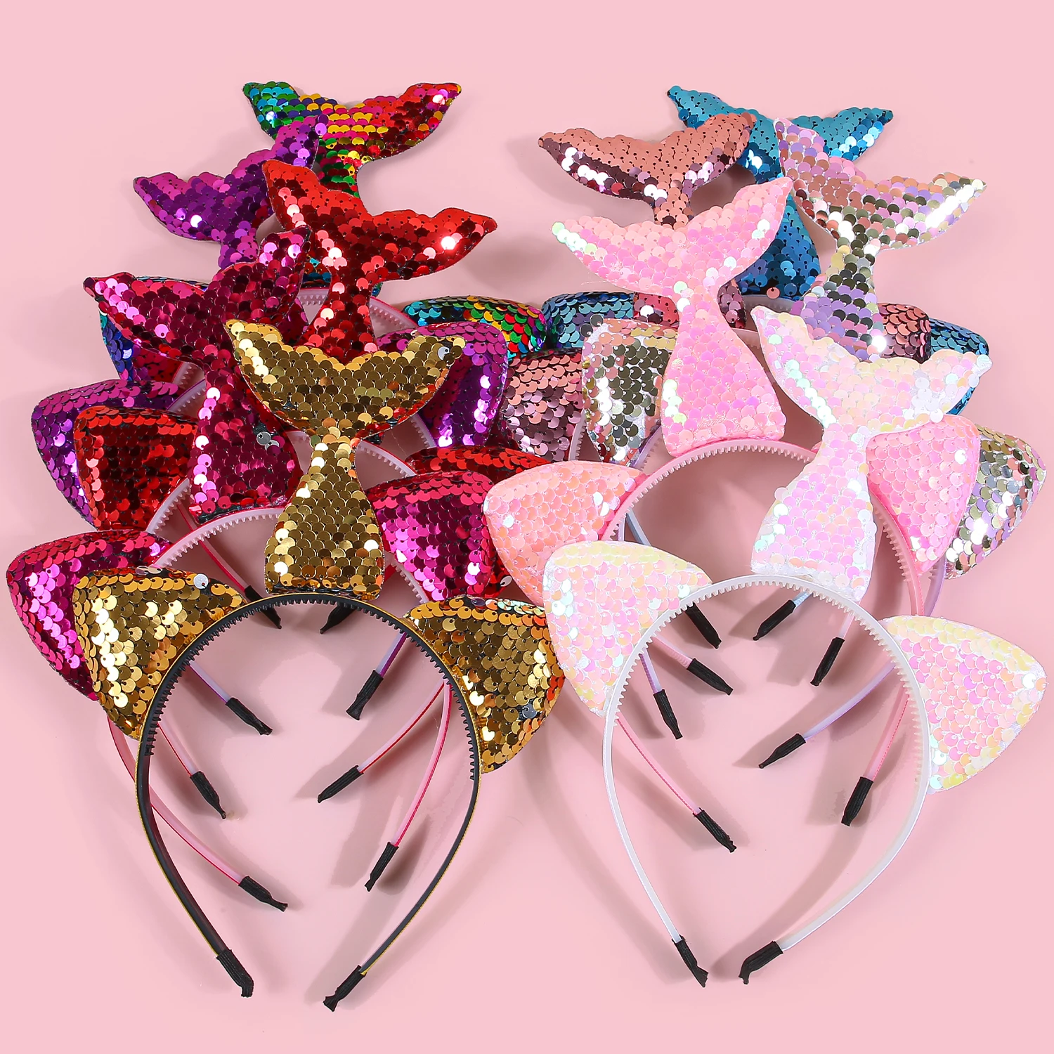 

5/10pcs Gradient Sequin Ear Mermaid Headband For Girls Fashion Cute Headwear For Children Kids Party Hair Accessories