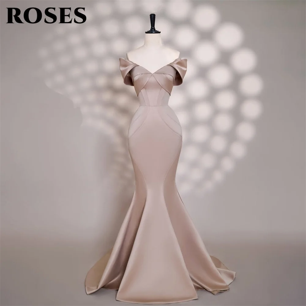 

ROSES Pink Simple Evening Dress Off Shoulder Party Dress Mermaid Satin vestidos de fiesta Lace Up Back Prom Gowns Customized