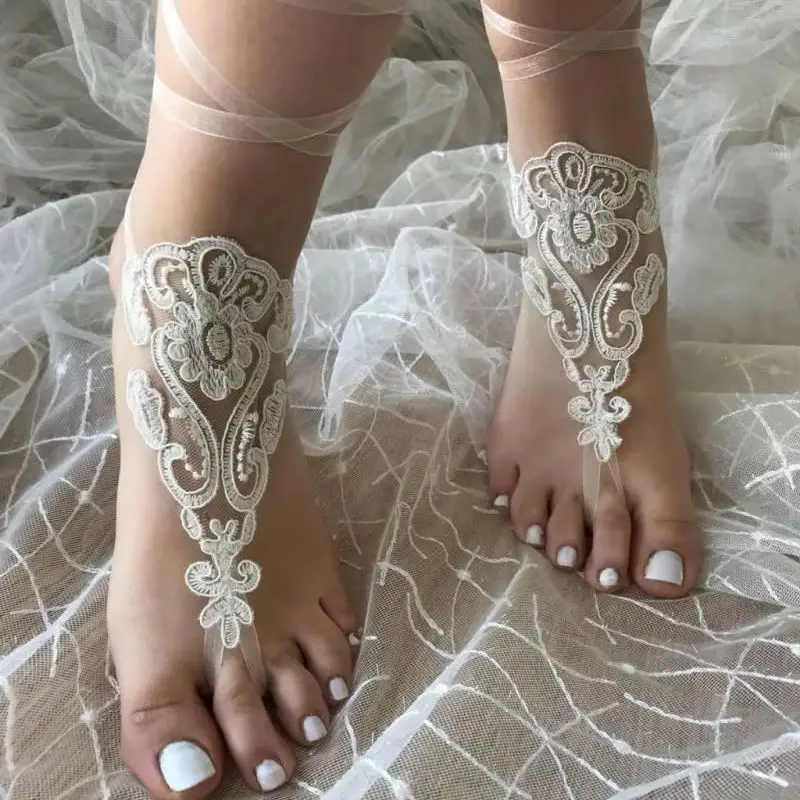 Nuevo diseño de encaje para playa, boda, sandalias descalzas, cadena de tobillo bohemia, joyería para dama de honor nupcial hecha a medida