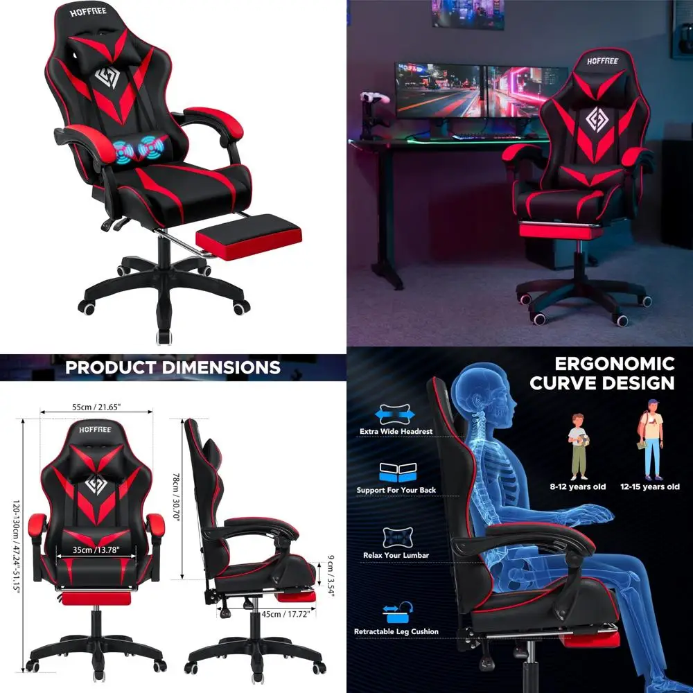 เก้าอี้เกมมิ่งนวดตามหลักสรีรศาสตร์พร้อมที่วางเท้า รองรับหลังส่วนล่าง และฟังก์ชันปรับเอนเพื่อประสบการณ์การเล่นเกมพีซีที่สะดวกสบายสำหรับเด็กผู้ชาย