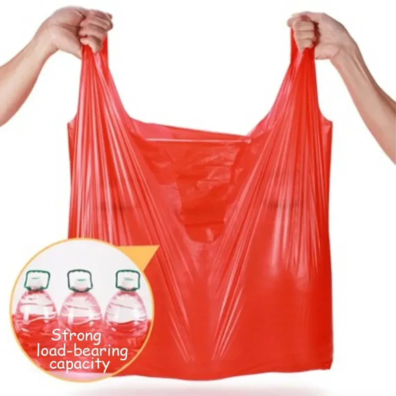 50 pz/lotto sacchetto di plastica con manico rosso addensare gilet borse supermercato negozio di alimentari regalo Shopping Bag casa cucina forniture