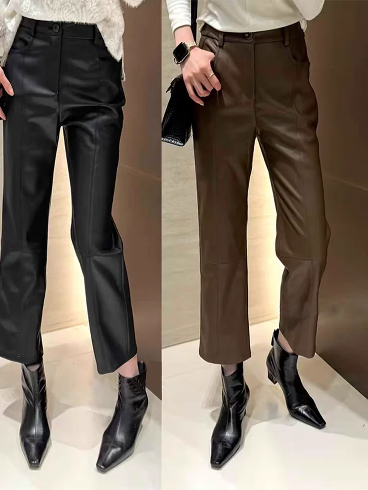 

mat Bla Genuine Leather Cigarette Pants Women's Faionable Slimming Straight Leg Long Trousers Winter New Arrival