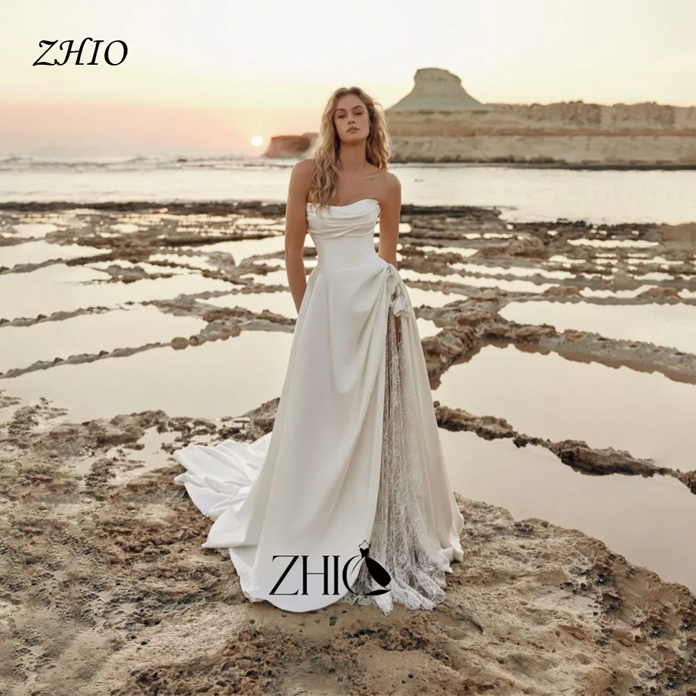 ZHIO Special Strapless Side Split Lace Applique Handmade Flowers Ruched A-Line Wedding Dresses Satin Bridal Gowns Customized