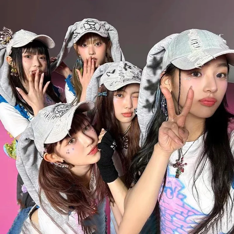 Niche Y2k Rabbit Ears Denim Ripped Baseball Cap Men and Women Dark Personality Metal Ring Street Trend Adjustable Sports Hat