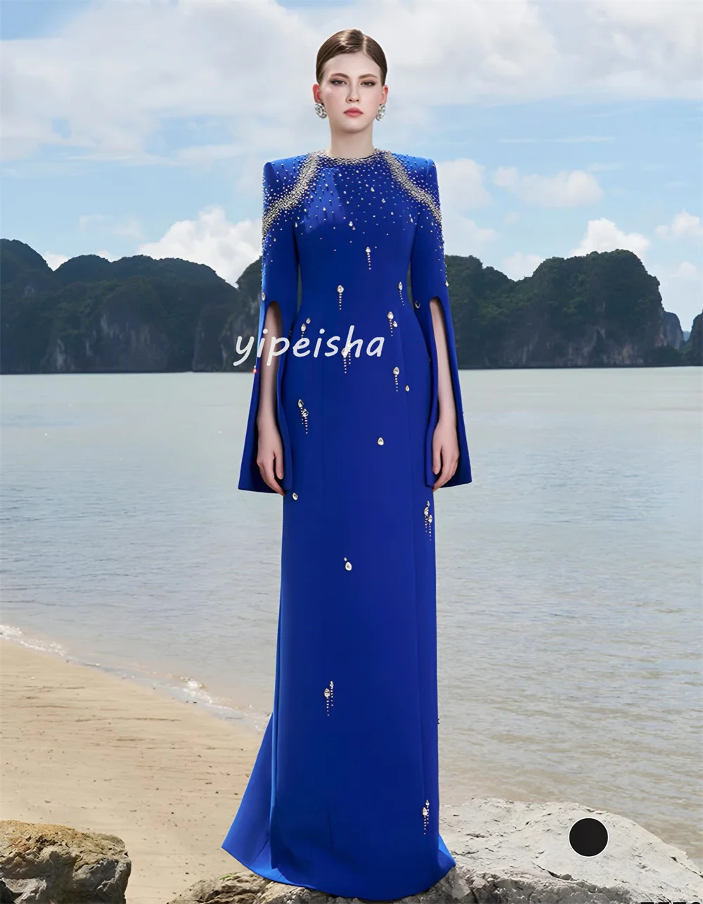 Robe longue en Jersey complexe scintillant, personnalisée, plissée, strass, paillettes, col haut, robes d'occasion sur mesure, rétro