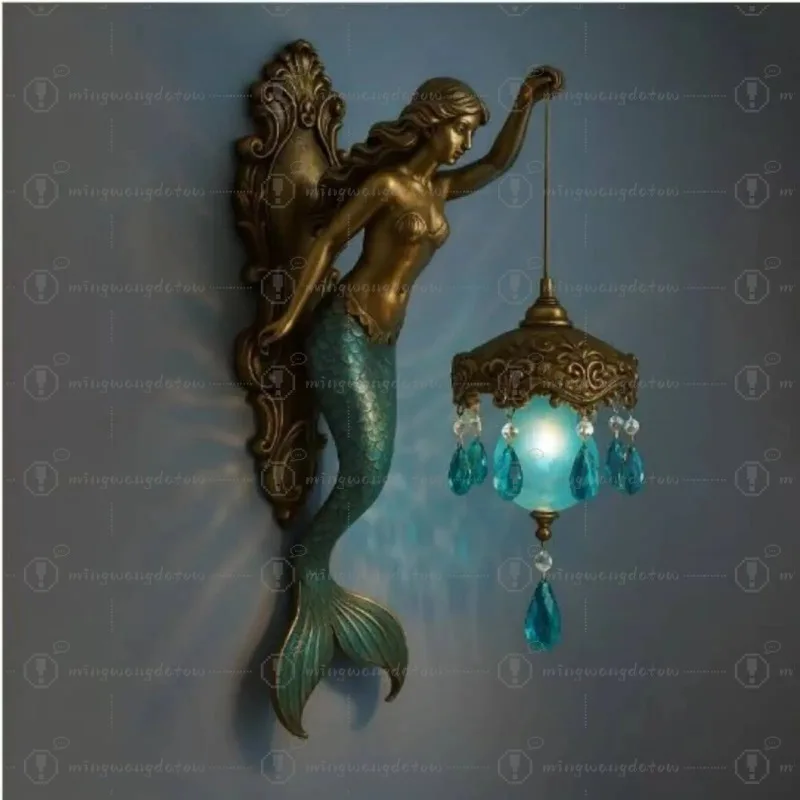 Mermaid Wall Lamp Resin Sculpture Mythical Figure Wall Lamp Mythical Creature Sconce Cordless Design for Themed Rooms, Hallway