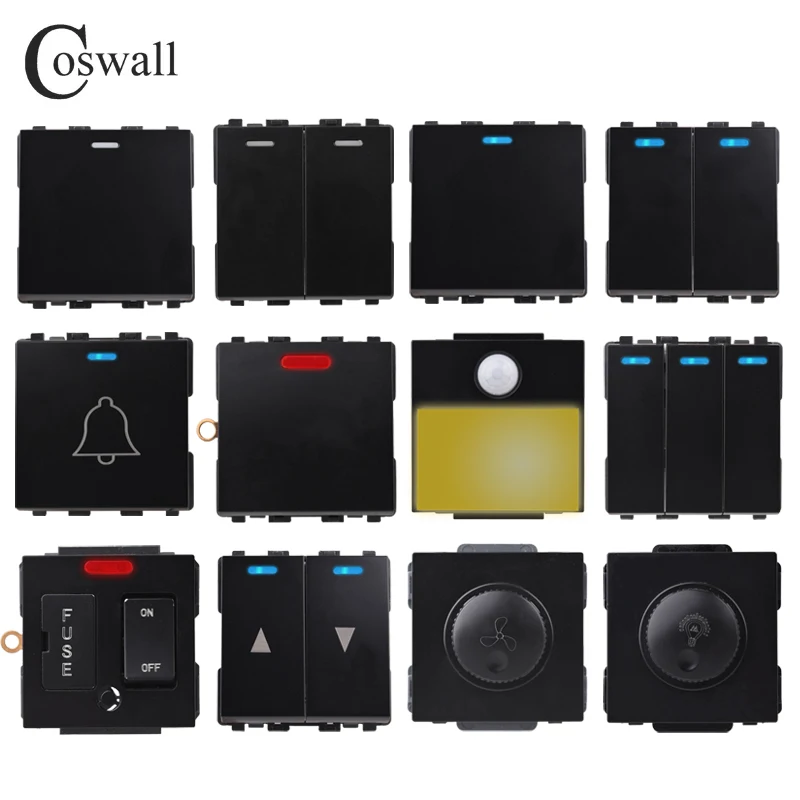 COSWALL Black Pulse Curtain Doorbell Dimmer 20A Water Heater Footlight Blind Cover Fuse Wall Light Switch Backlight DIY Module