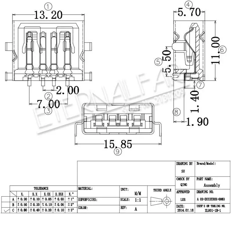 USB 2.0 Type A Female AF 11.0 Straight Edge Sinking 1.9MM Short Body 4 Feet Straight Inserting Board 4PIN Welding PCB DIY