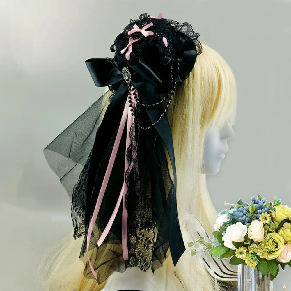 Gothic Dark Lolita Vintage Lace Mini Hats Fascinators for Woman, Flower Veil Hair Accessory, Retro Aesthetic Party Headwear
