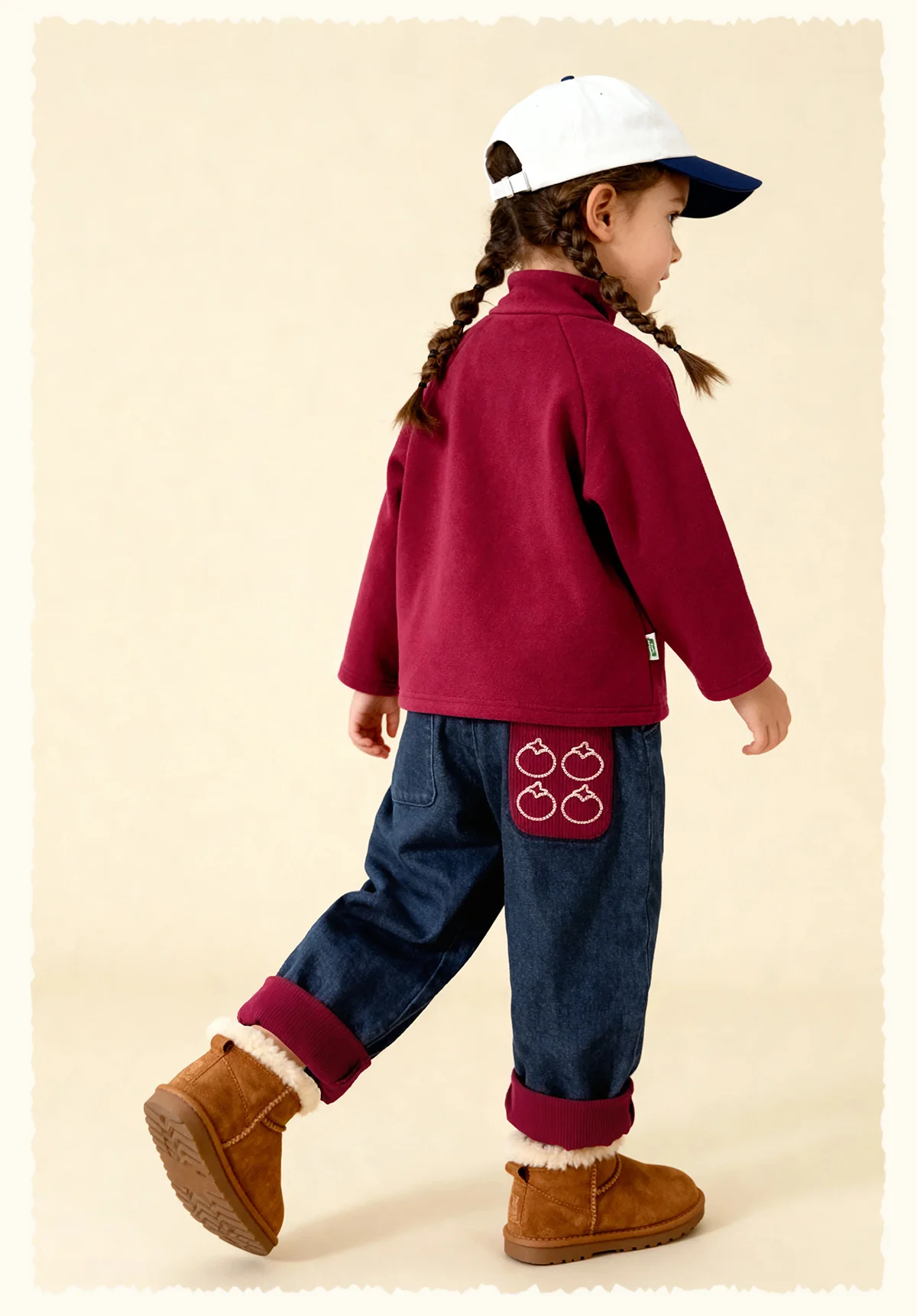 Amila 2026 Kinder Winter Denim-Plüsch-Freizeithose Rot Gestrickte Beine mit Bündchen Fruchtmuster Gesäßtasche Modisch und Niedlich – Detail 11