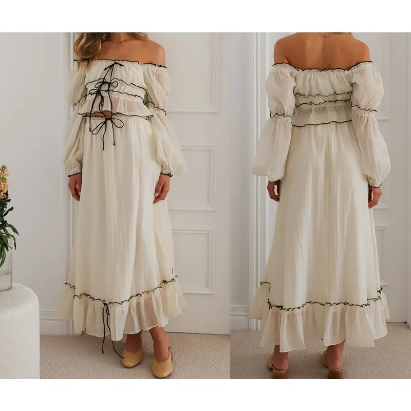 2026 Summer One-word Neck Bubble Sleeve Vacation Top Skirt Set