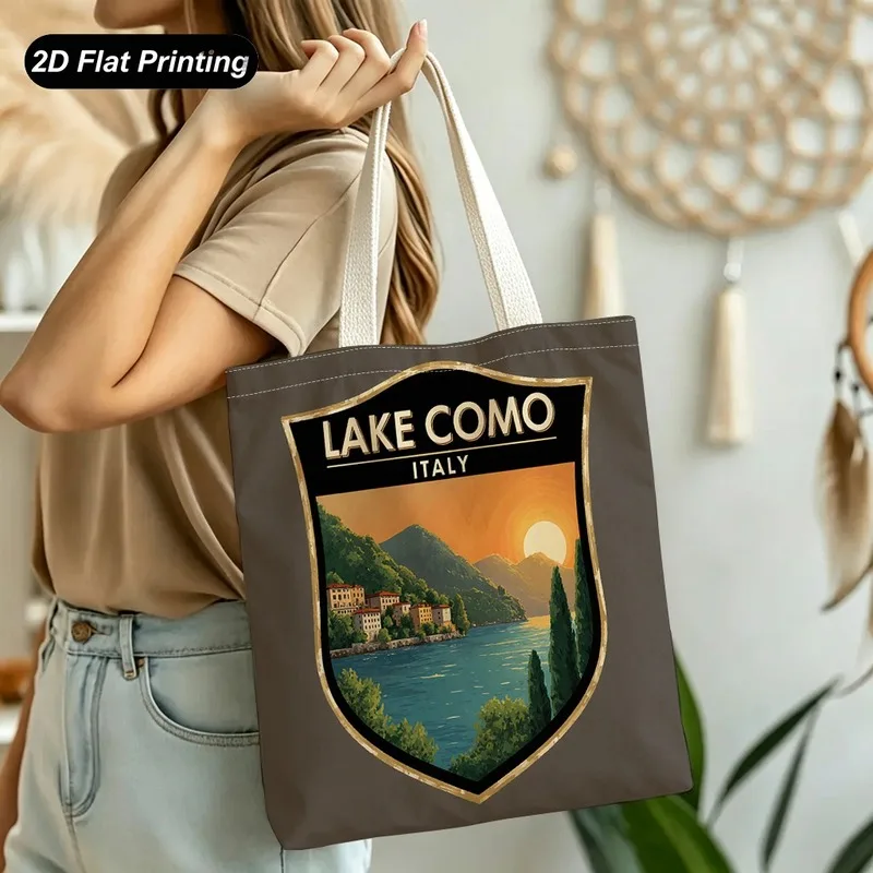 1PC【Tote Bag】2D Flat effect，Vintage Lake Como, Italy, Shield-Shaped Print Tote Bag，Large Capacity，Adapted shopping、Daily Com