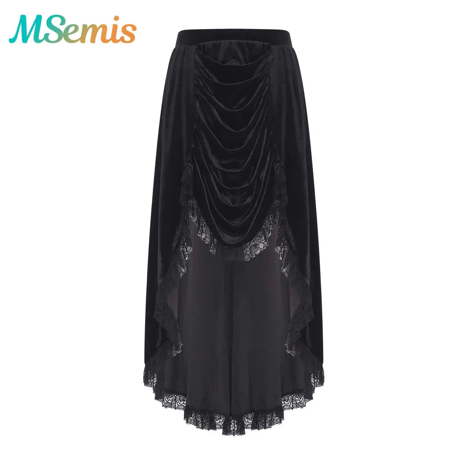 

Adults Women Lace Trim Ruffled High Low Skirt Steampunk Victorian Gothic Costumes Ruched Design Theme Party Halloween Outfits