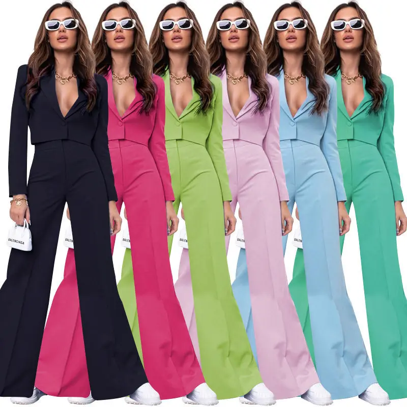 Fashionable High Waist Wide Leg Pants Set Short Sleeve Pure Color Casual Outfit Women's Professional Clothing Ensemble