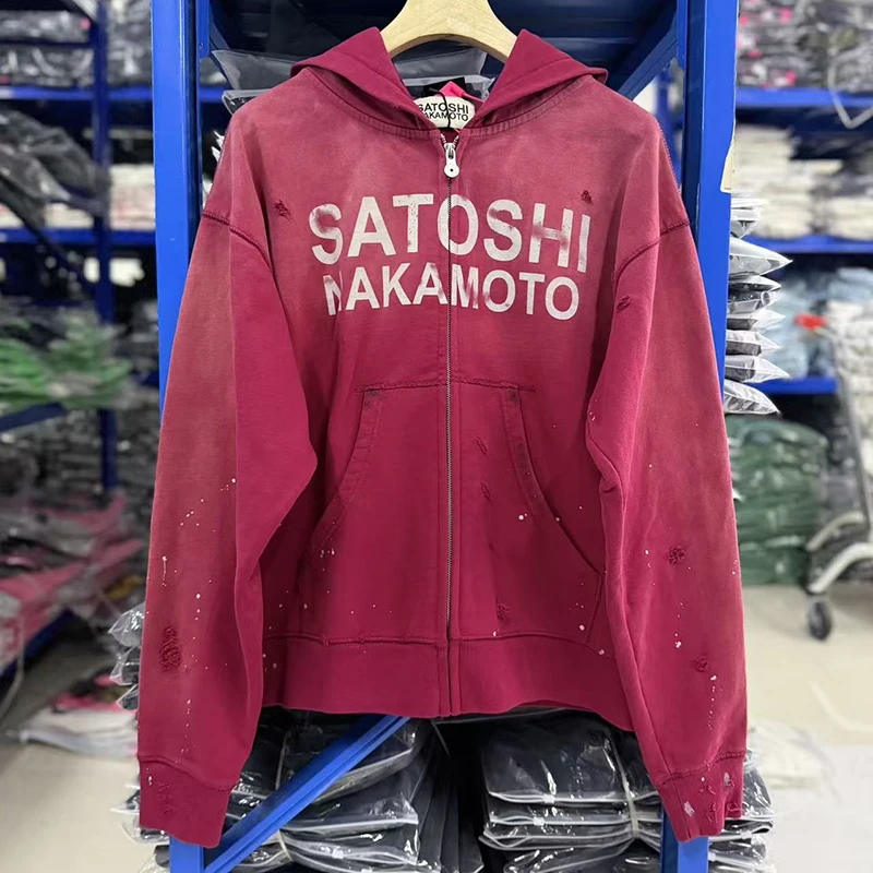 American Satoshi Nakamoto Hoodie Washed Print Vintage Ripped Splatter Men Women Zip Up Hoodie