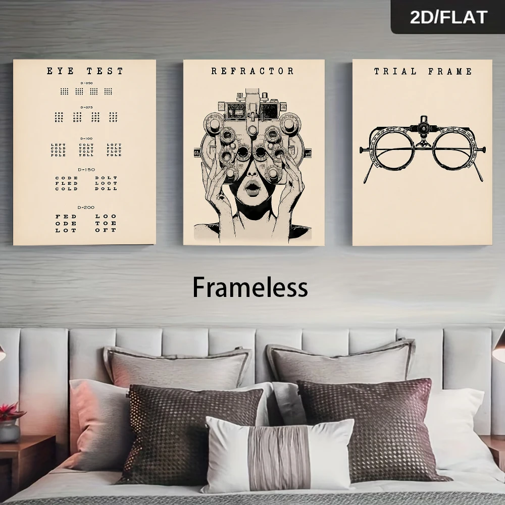 3PCS Frameless,1 set of frameless three-panel decorative paintings for ophthalmology clinics, retro-style eye chart refractomete