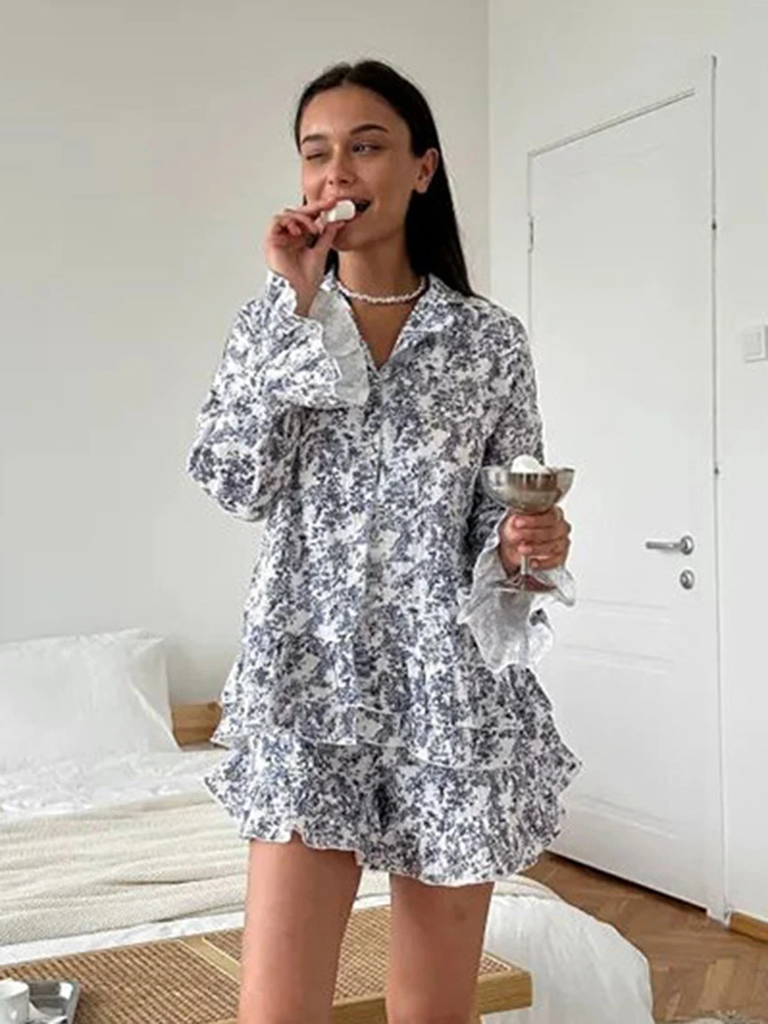 

Хлопковые женские ночные рубашки Marthaqiqi, сексуальные пижамы с отложным воротником, ночная рубашка с длинными рукавами, шорты с принтом, женский комплект для сна