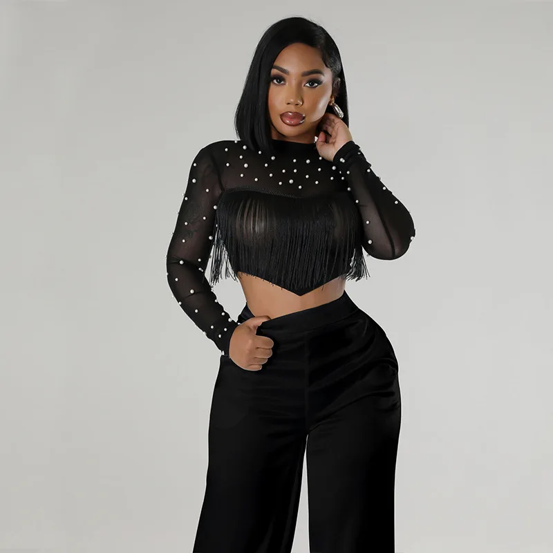 Women Two Pieces Set Crop Tops Tassels Mesh Beading Sexy High Waist Wide Leg Pants Long Sleeves Suit Clubwear Casual Fashion New