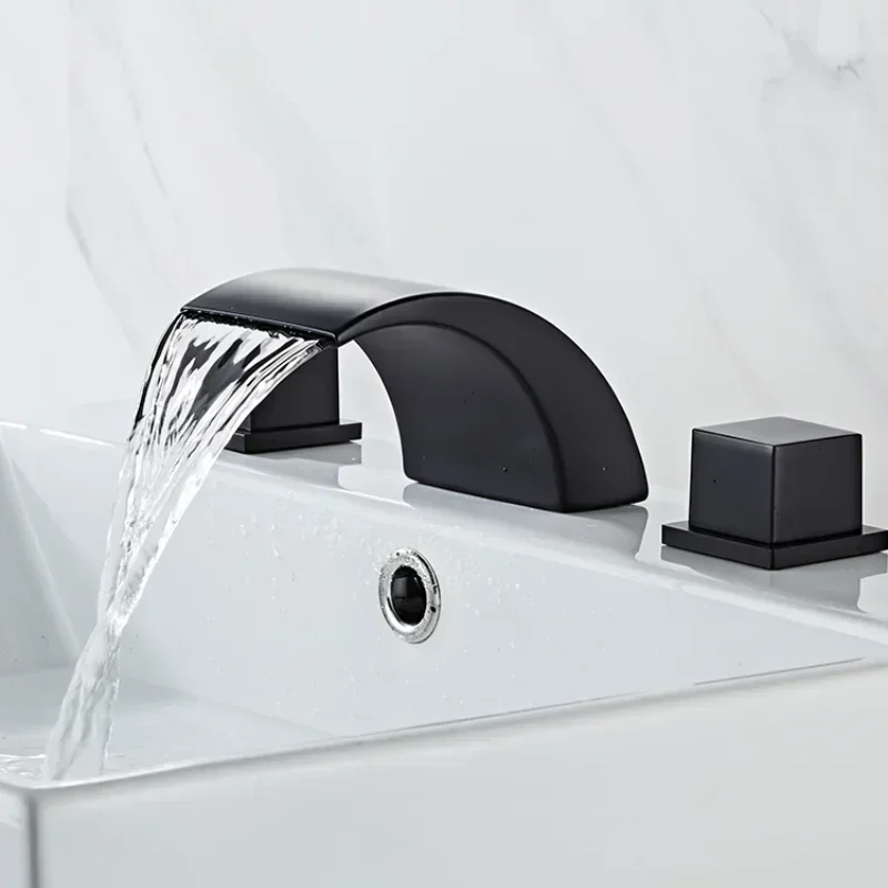 Black Bathroom Sink Faucet 3 hole Basin Waterfall Faucet Hot and Cold Water Bathtub Split Washbasin Mixer Taps Three Piece Sets