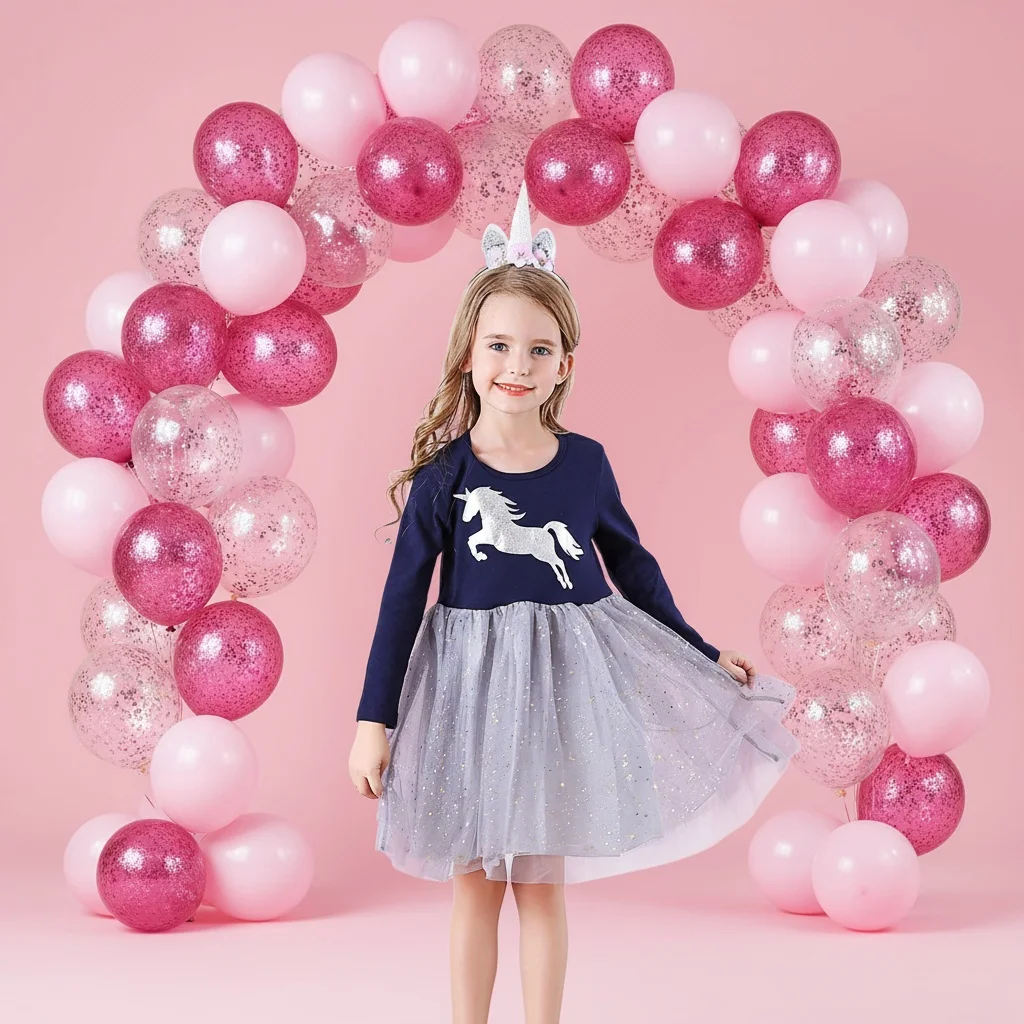 DXTON Cartoon Kids Dresses For Girls Winter Long Sleeve Princess Tulle Dress Unicorn Print Blingbling Baby Girls Casual Clothing