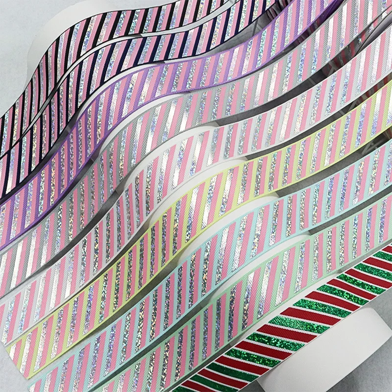 25mm Hologram Silver Foil Pink Ink Diagonal Stripe Grosgrain Ribbon, DIY Craft Material for Gift Wrapping Hair Bow Accessories