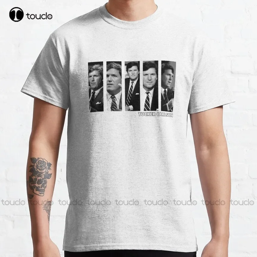

Tucker Carlson черно-белая классическая футболка женские рубашки на заказ для взрослых и подростков унисекс футболка с цифровой печатью модная забавная