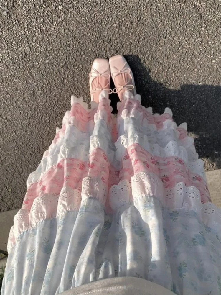 Japanese Sweet Pink Bow Print Long Skirts Women Fashion High Waist Lovely Cake Skirt Female Irregular Y2k Korean Popular Clothes
