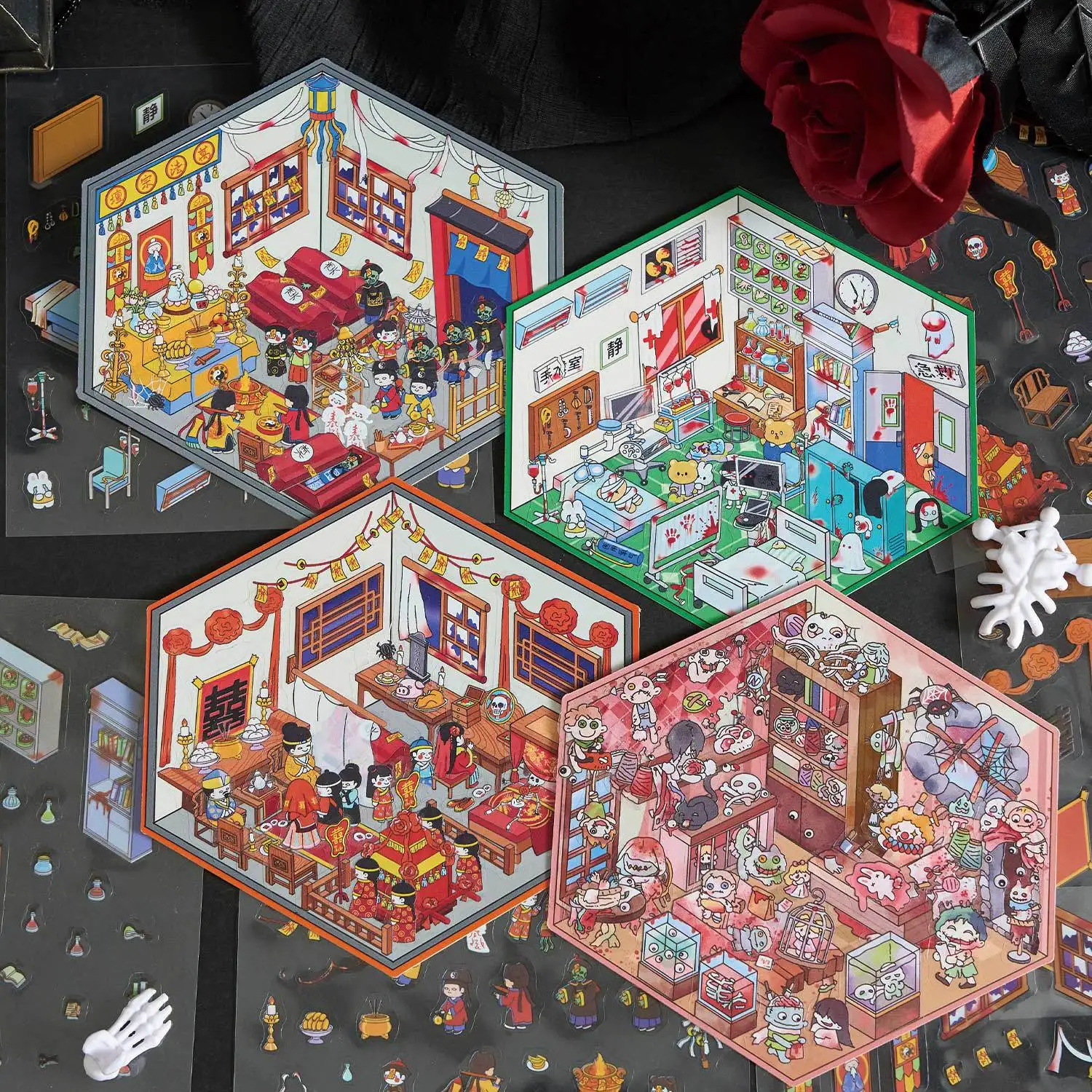 3-Piece Micro Horror Series, 3D Miniature House Decoration Stickers. Build a vivid micro 3D scene with these stickers