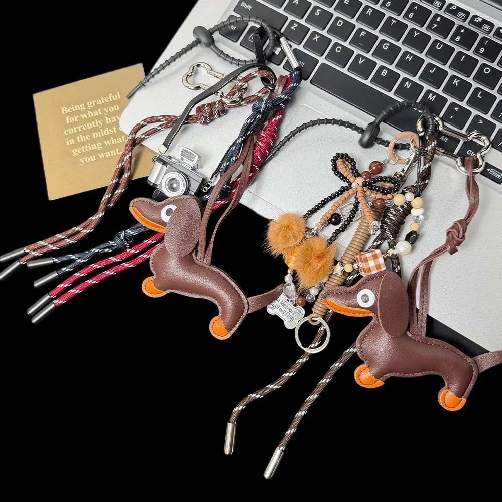 レトロpuレザー-ダックスフント-ミニカメラバッグチャーム-可愛い犬キーホルダー-おしゃれなペンダントアクセサリー-女性用バッグ向け