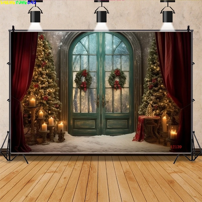 

Vinyl Custom Christmas Day Fireplace Photography Backdrops Gift Box Chimneys Snowflake Window Indoor Studio Background WW-33