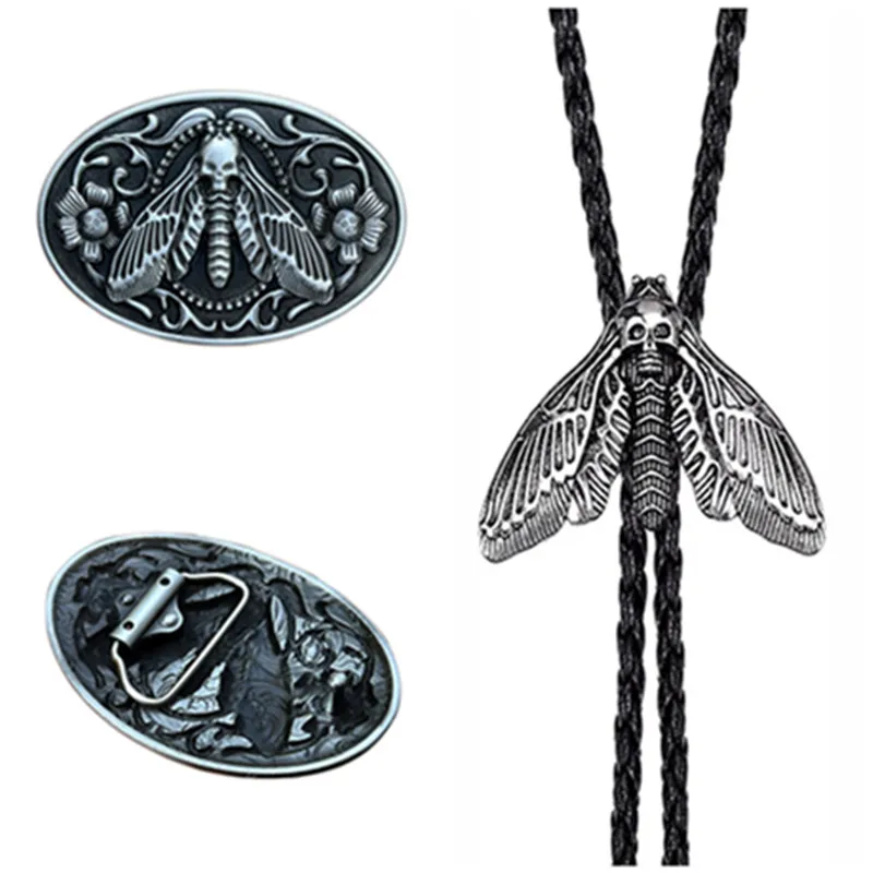 Two sets of Bolo ties with leather belt buckles and creative moth-shaped fashionable bows