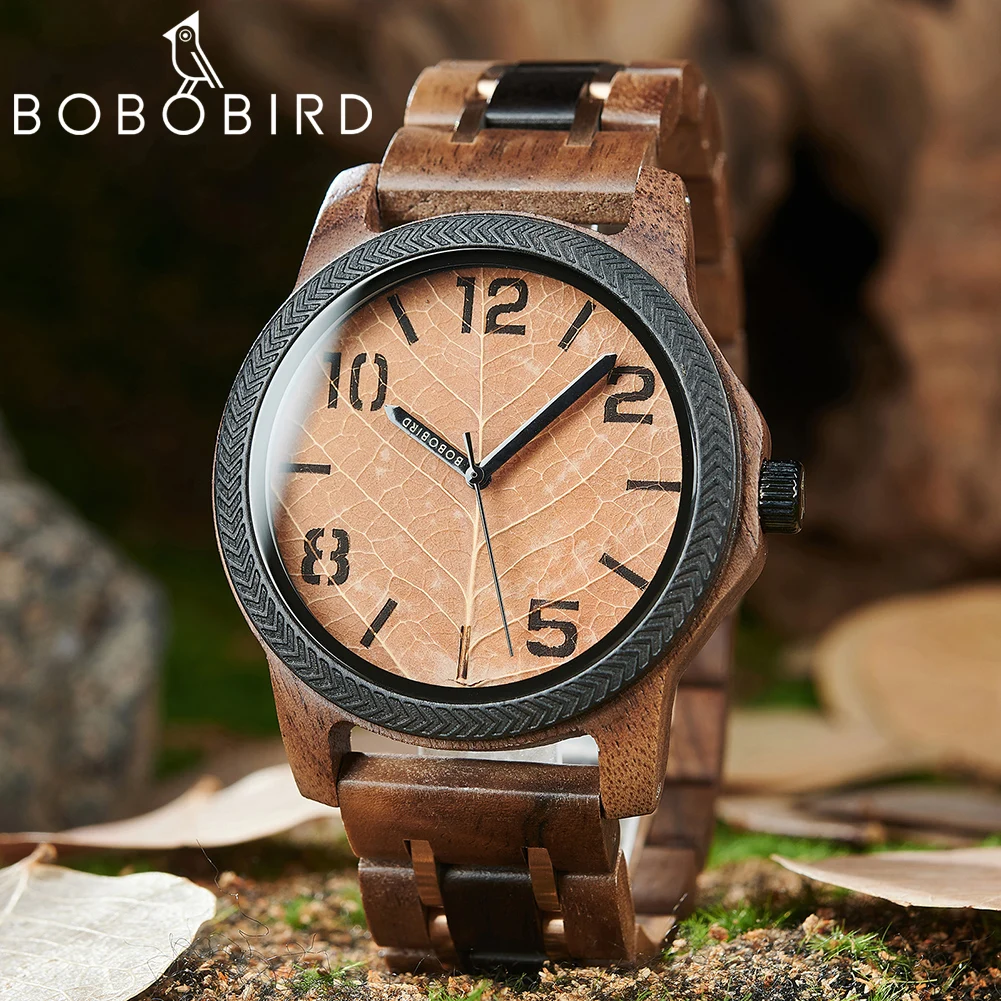 

BOBO BIRD Leaf Dial Wood Men's Watches Custom Blessing Natural Handmade Wristwatch Distinctive Wooden Gift Support Dropshipping