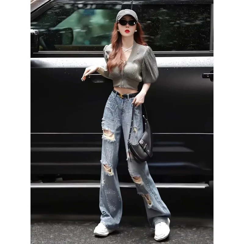 

New Summer Design Ripped High Waist Heavy Industry Hot Diamond Jeans Women's Loose Straight Wide-leg Pants
