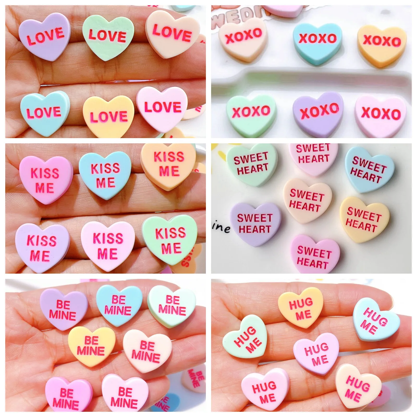 100PCS kawaii Hug Me BE MINE Heart Resin Decoration Crafts Flatback Cabochon Scrapbooking Fit Hair Bow Embellishments Diy Craft