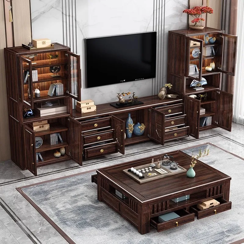 

New Chinese solid wood TV cabinet coffee table combination purple gold sandalwood living room wall display cabinet household sto