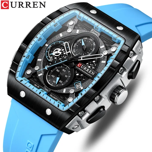 Reloj deportivo CURREN Tonneau con esfera para hombre, reloj de pulsera de cuarzo resistente al agua con fecha automática, correa de silicona amarilla luminosa