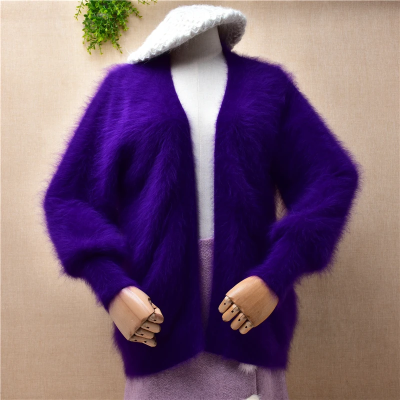 ladies women fashion purple hairy mink cashmere knitted long lantern sleeves slim mantle jacket coat sweater angora fur cardigan